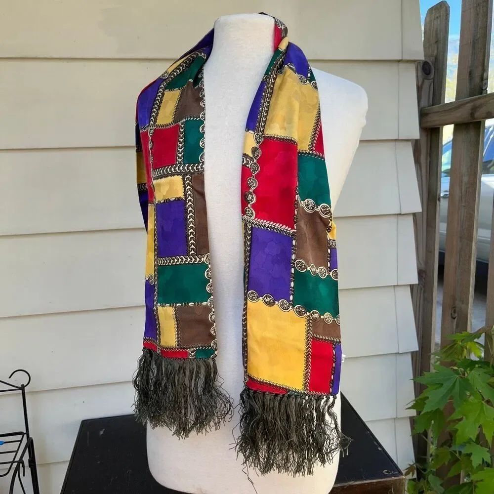 VTG Silk Abstract Patchwork Fringe Scarf Wrap Boho Opera Festival Art
